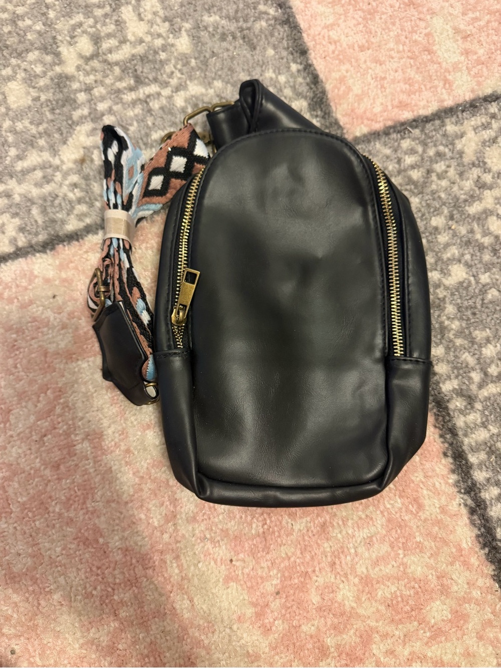 Black Faux Leather Crossbody Sling Bag with Patterned Strap